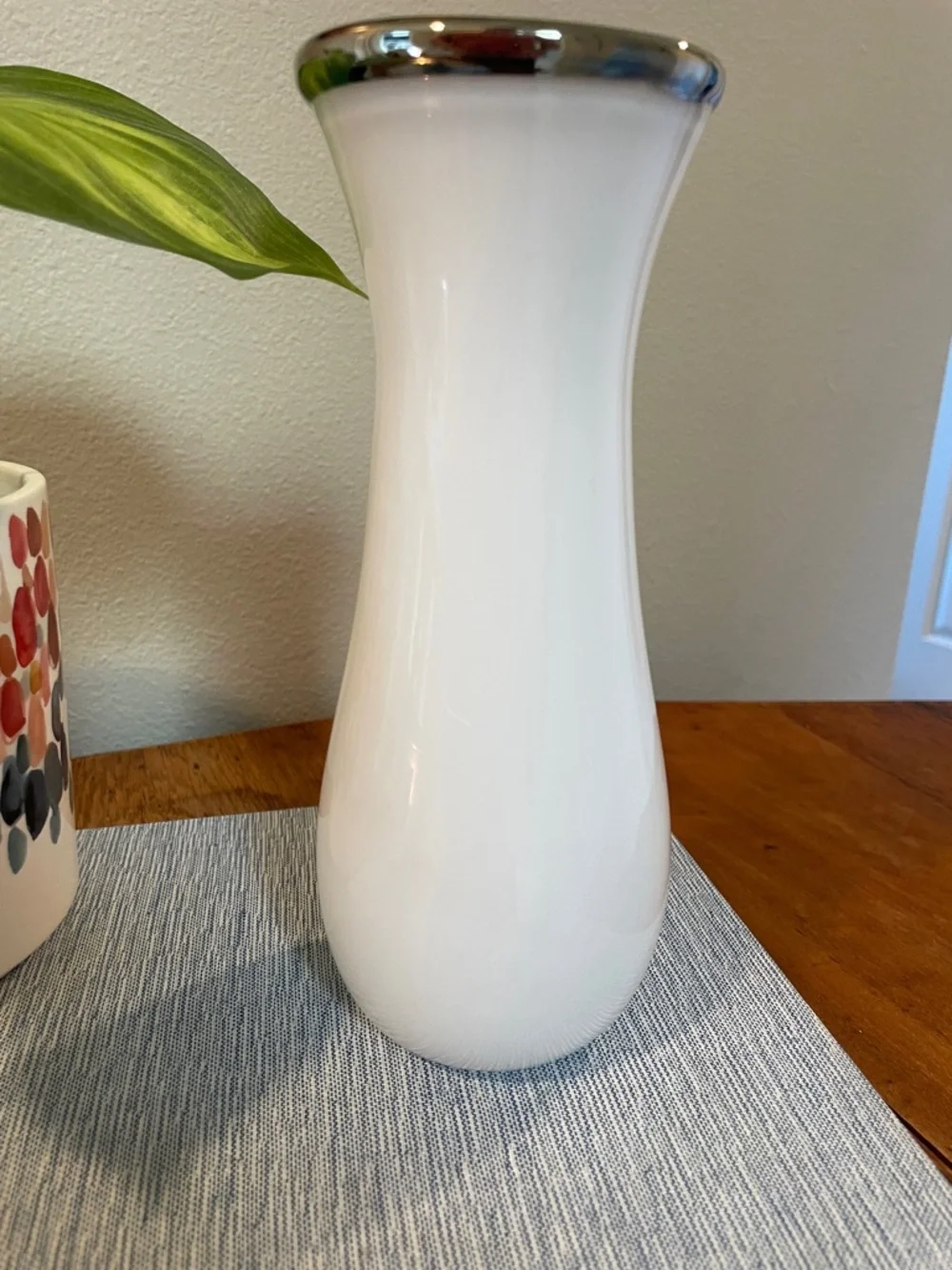 Vintage White Handblown Glass Vase – Chrome Colored Mushroom Rim –  8.5